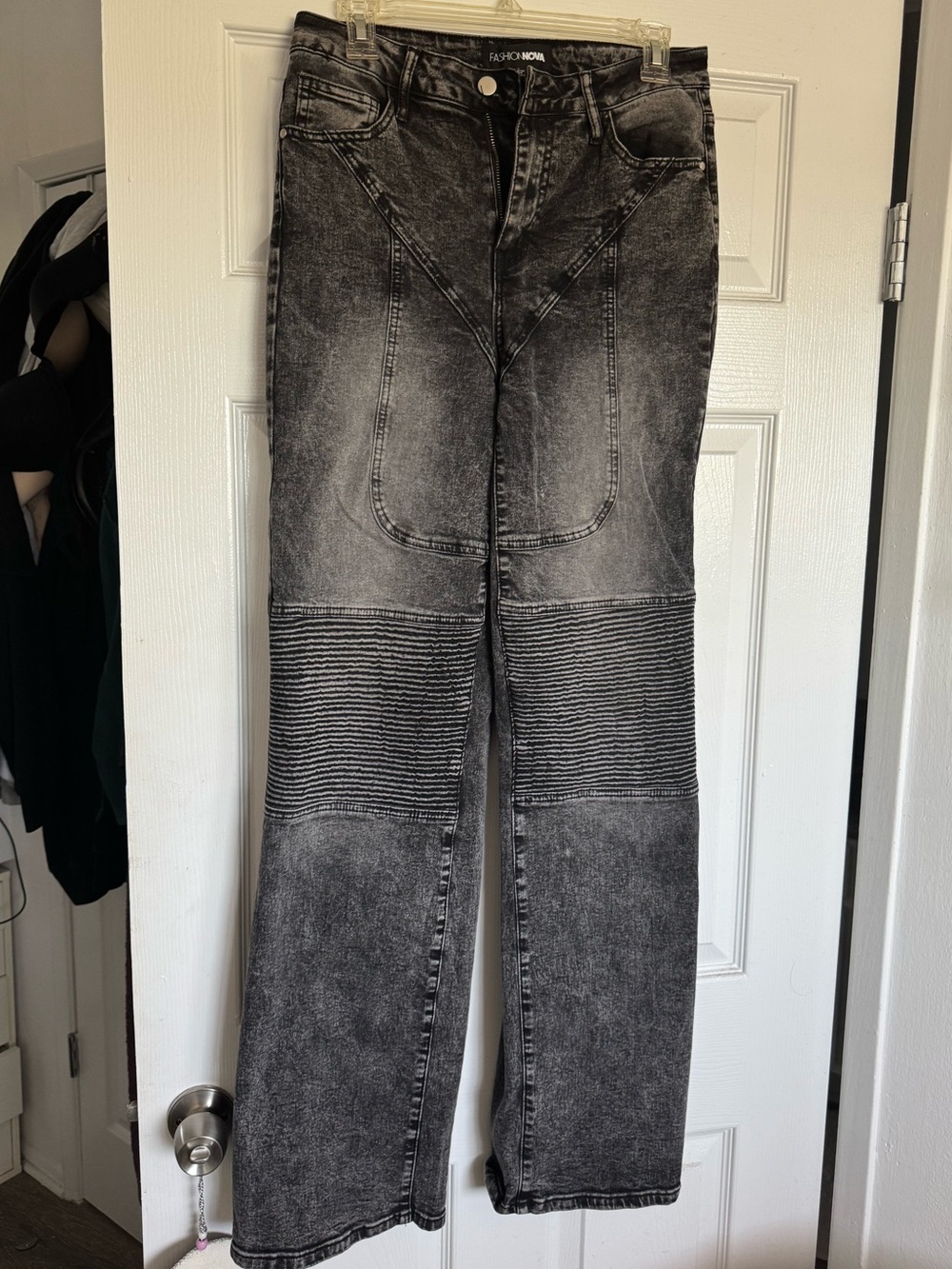 Fashion Nova Black Washed Flare Moto Jeans